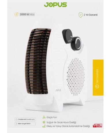 JOPUS Thermoheat Elektrikli Fanlı Isıtıcı | Sessiz 3 Kademeli Kompakt Isıtıcı
