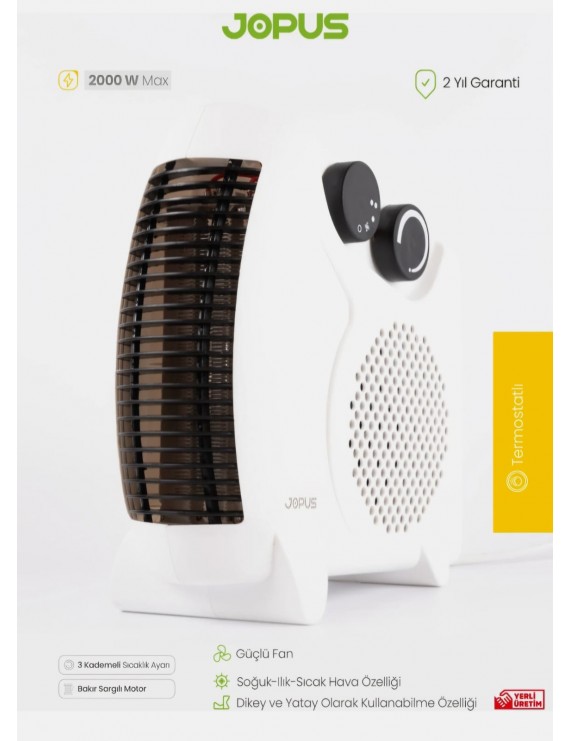 JOPUS Thermoheat Elektrikli Fanlı Isıtıcı | Sessiz 3 Kademeli Kompakt Isıtıcı
