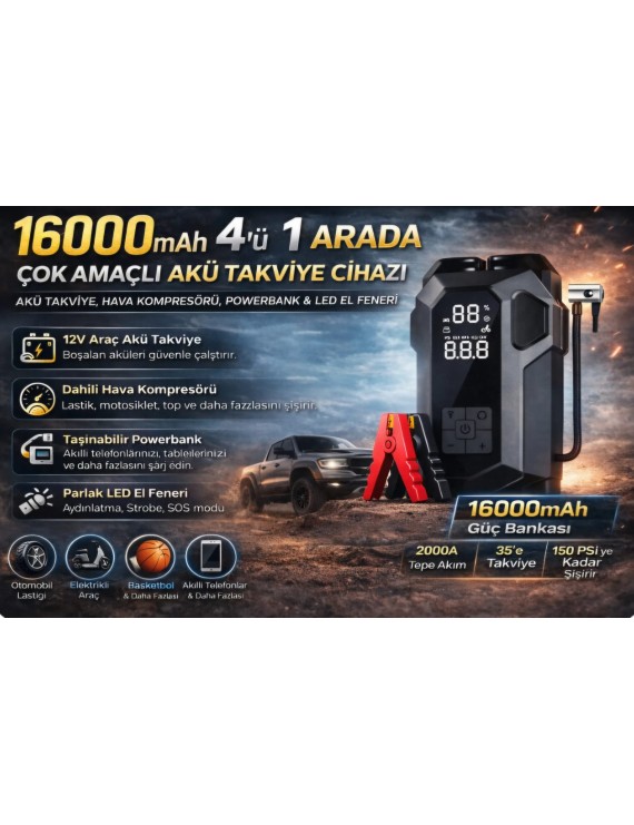 Jump Starter 16000mAh Kompresörlü Akü Takviye Cihazı | 4’ü 1 Arada Powerbank + LED