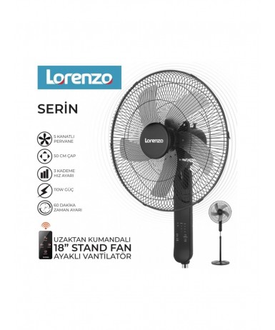 Lorenzo Serin Uzaktan Kumandalı 18” Ayaklı Vantilatör | 110W Metal Pervaneli