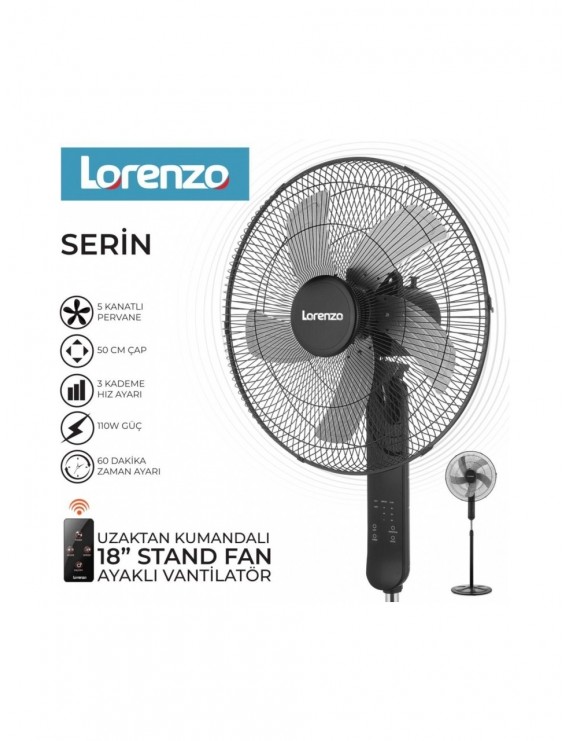 Lorenzo Serin Uzaktan Kumandalı 18” Ayaklı Vantilatör | 110W Metal Pervaneli