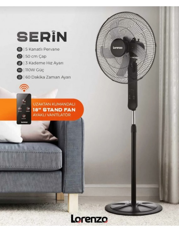 Lorenzo Serin Uzaktan Kumandalı 18” Ayaklı Vantilatör | 110W Metal Pervaneli