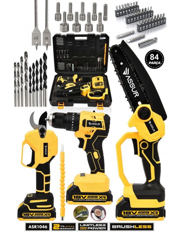 Assur Profesyonel 18V Çift Akülü Budama Makası Budama Testeresi Matkap Vidalama 3'lü Set