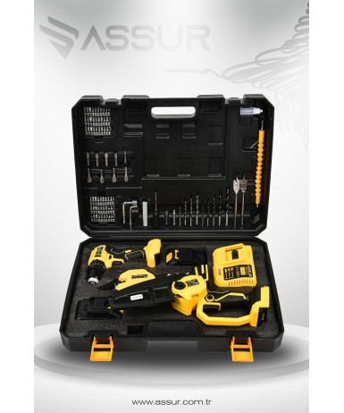 Assur Profesyonel 18V Çift Akülü Budama Makası Budama Testeresi Matkap Vidalama 3'lü Set