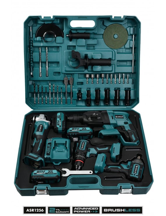 Assur 21V 4'lü Set Taşlama - Somun Sıkma Sökme - Akülü Vidalama - Kırıcı Delici Hilti